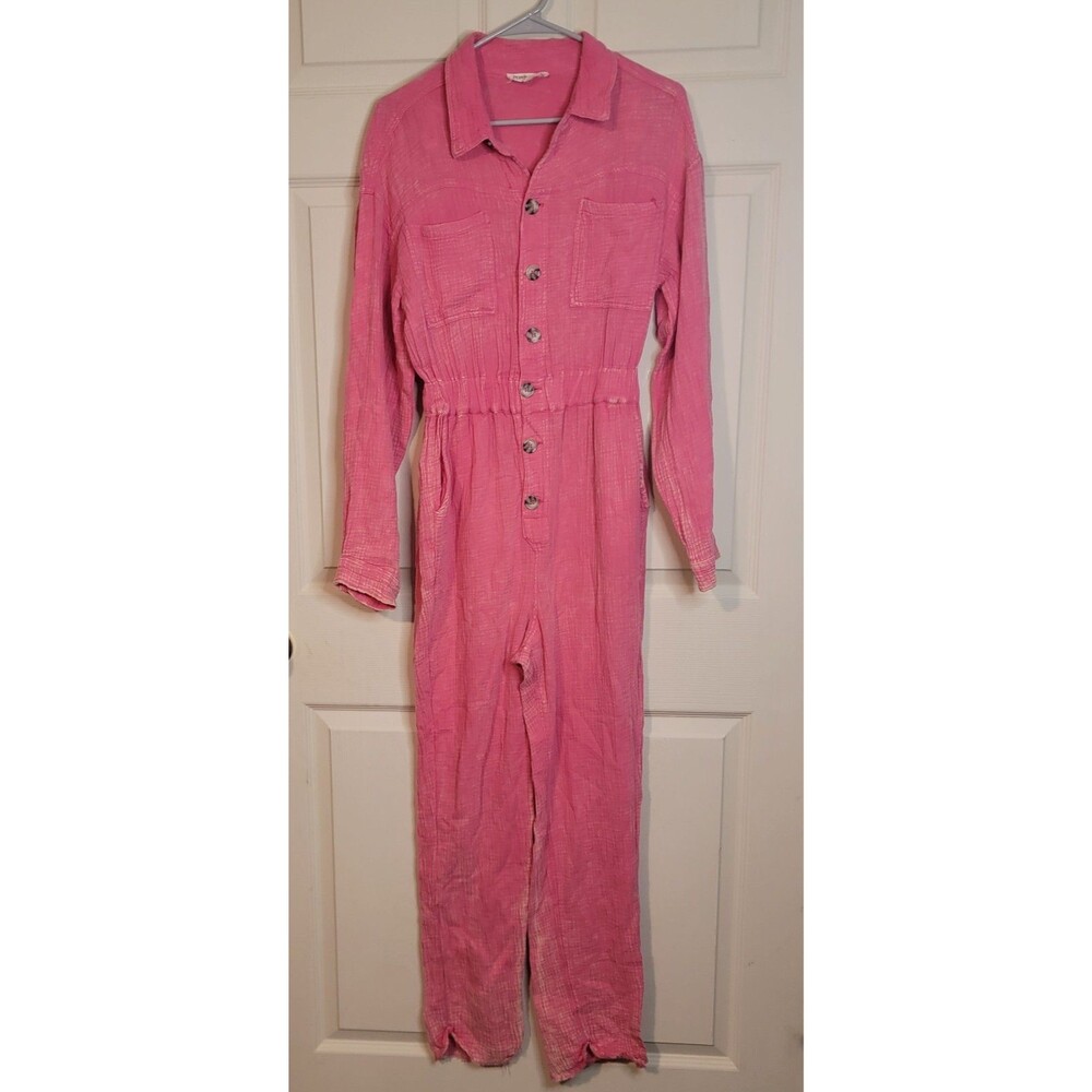Peach Love California Long Sleeve gauzy Cotton Jumpsuit Women Size Large Pink